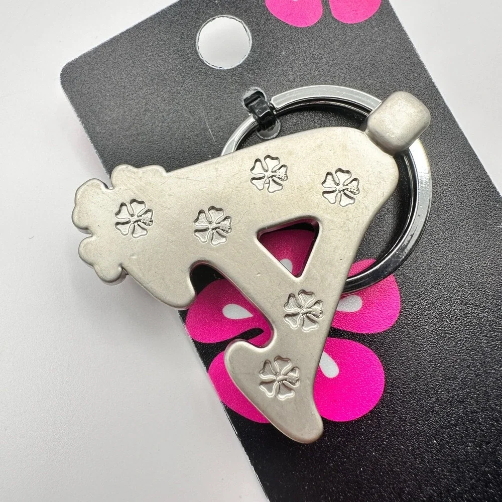 VTG 90s Island Girl Silver Tone Hawaii Initial A Keychain Pink Glass Hibiscus